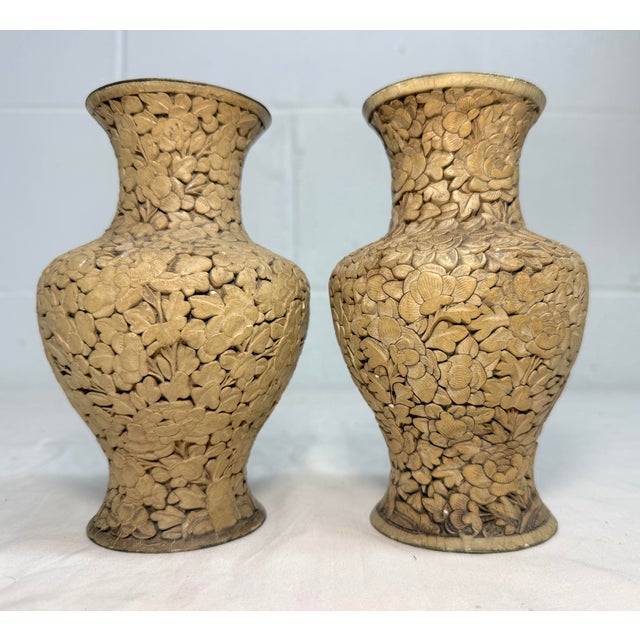 Up for sale is a very high quality pair of antique hand carved Chinese lacquer cinnabar vases. They're carved by hand out...