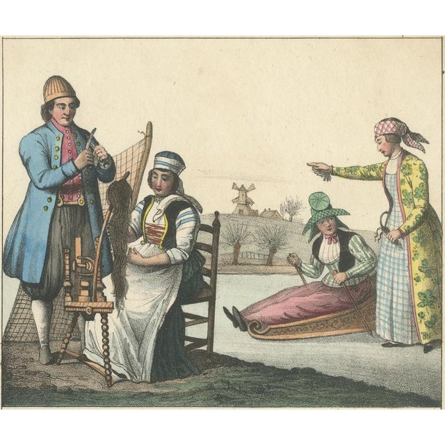 Frisian Fisherman & Winter Costume Scene Dutch Costume Lithograph, c.1840 For Sale - Image 3 of 9