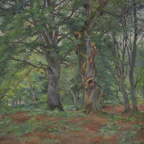 This atmospheric painting from the early 20th century is painted in oil on canvas and depicts a vast green forest...