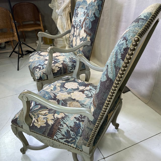 Vintage Pair of Aubusson Needle Point French Style Arm Chairs in Painted Walnut Frames For Sale - Image 6 of 12
