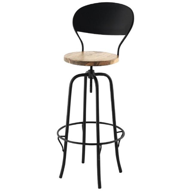 2010s New Industrial Wrought Iron Shop Stool With Wood Seat and Back For Sale - Image 5 of 5