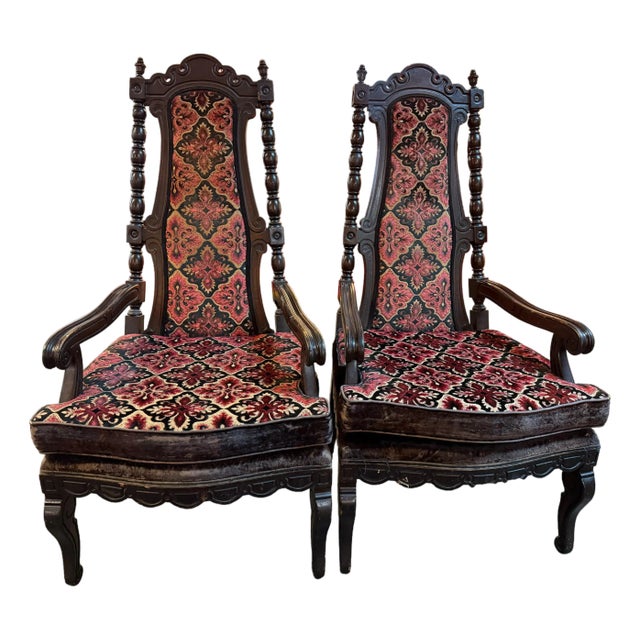 Early 20th Century Carved Jacobean Victorian Throne Chairs For Sale