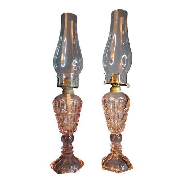 Vintage Pink Pressed Glass Kerosene Table Lamps - Matching Pair With Chimneys For Sale