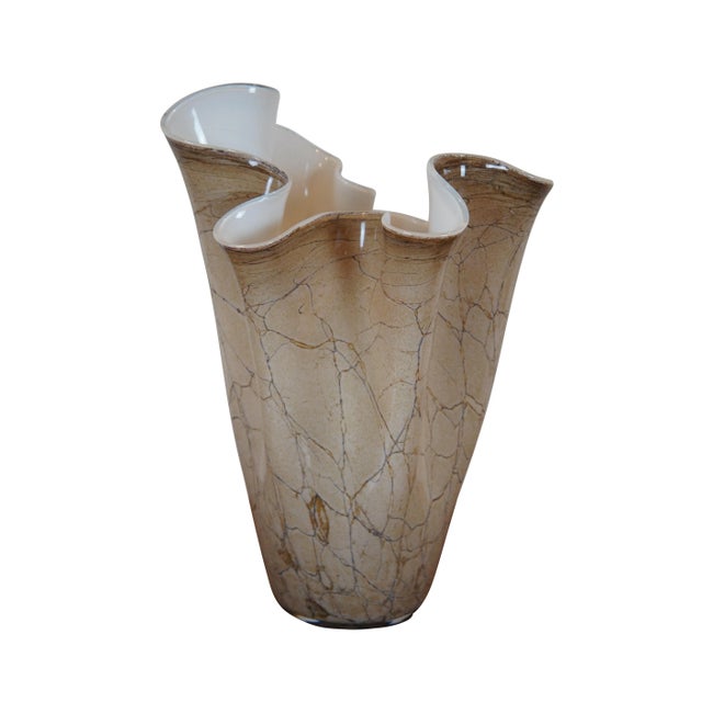 Large vintage Polish hand blown art glass centerpiece flower vase featuring a brown marble ruffled handkerchief design....