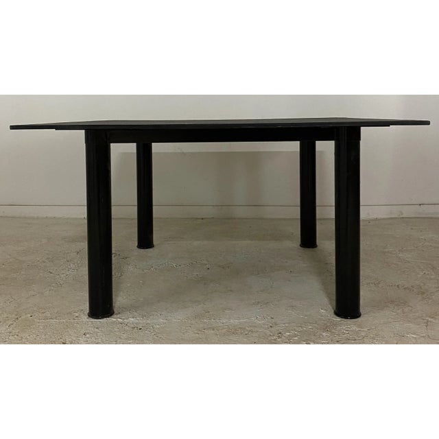 Cool, sleek black slate (stone) top (marked Casiglani) with welded steel (4) pedestal sturdy base, black slate is 1/2"...
