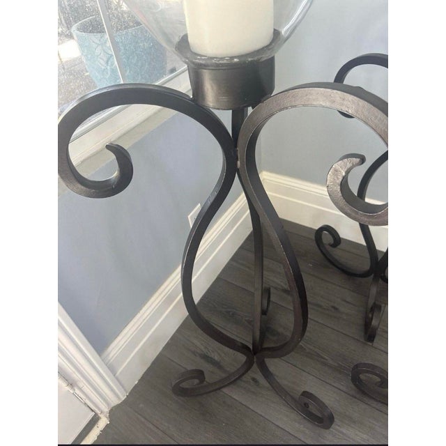 Black Set of 3 Monumental Wrought Iron Floor Candelabras With Etched Glass Hurricanes Spiral Detail For Sale - Image 8 of 10
