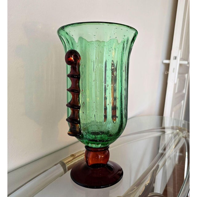 Mid-Century Modern 1980s Pair of Green and Golden Brown Murano Glass Vases For Sale - Image 3 of 13