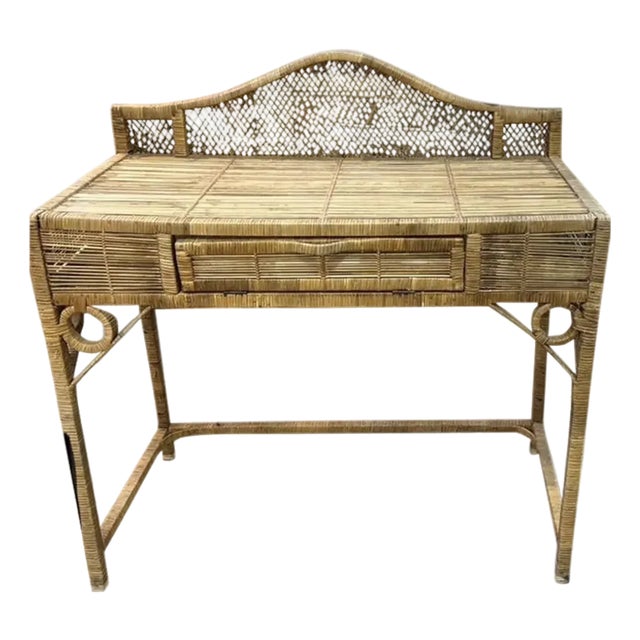 Mid Century Wicker and Rattan Desk - Vanity For Sale