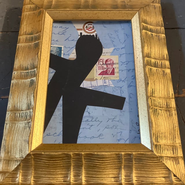 Original 4 x 6 collage done with vintage papers signed bottom right Overall size with tabletop frame is 7 x 9