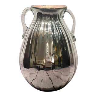 Hand Blown Mercury Glass Vase With Applied Glass Handles For Sale