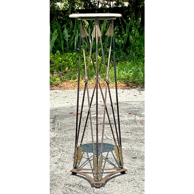 Black Vintage Regency Wrought Iron and Brass Arrow Pedestal For Sale - Image 8 of 8