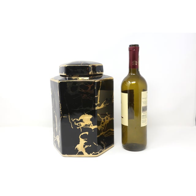 Black Hexagonal Black & Gold Ceramic Lidded Jar For Sale - Image 8 of 8