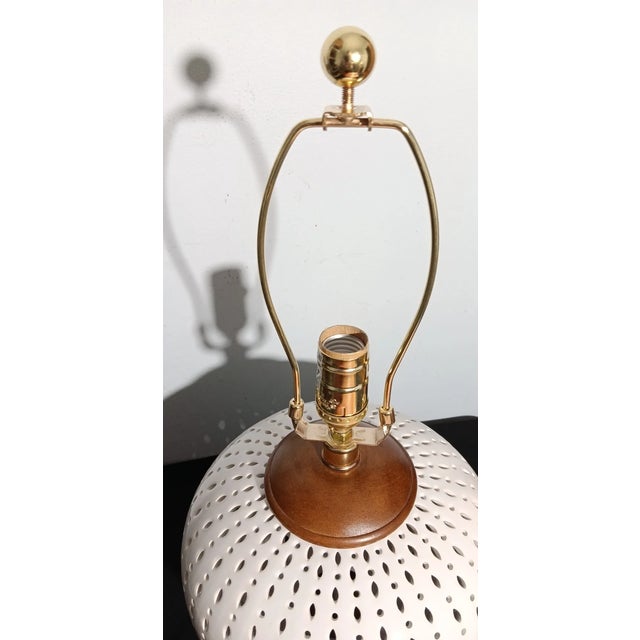 1990s Vintage Ralph Lauren Designer Perforated White Ceramic Lamp W/ Shade For Sale - Image 5 of 7