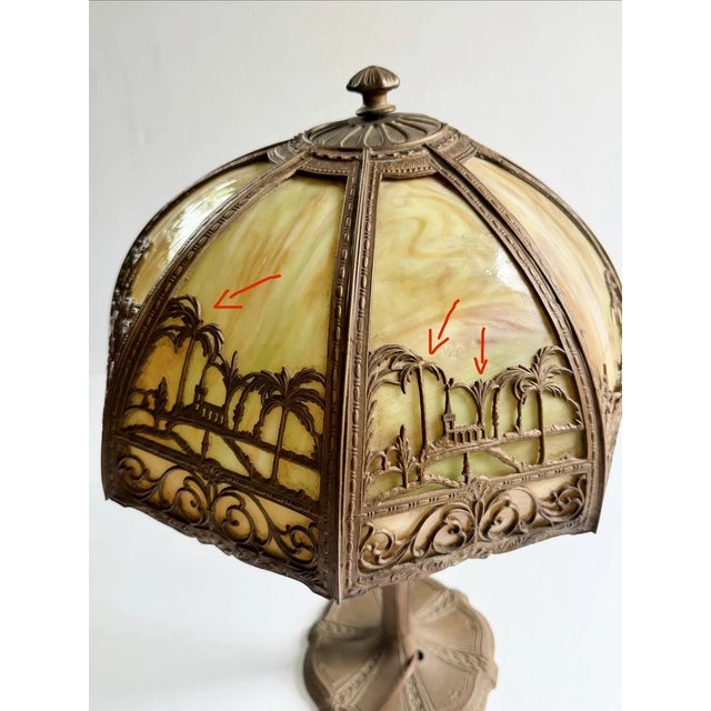 Antique Art Nouveau 8 Panel Slag Glass Lamp With Desert Scene Palm Trees, for Repair For Sale - Image 15 of 18
