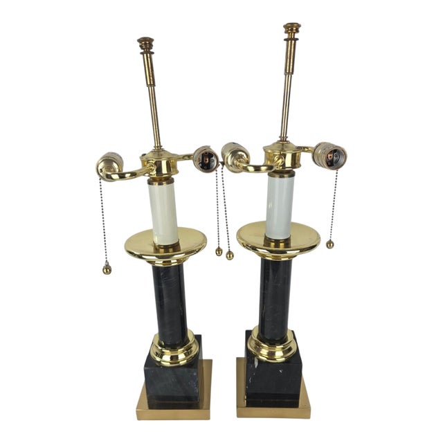 1980s Brass & Black Marble Neoclassical Column Table Lamps, a Pair For Sale
