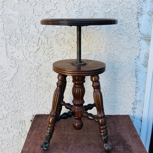 Victorian Antique Oak Swivel Piano Stool With Glass Ball Claw Feet, Circa 1900 For Sale - Image 3 of 18