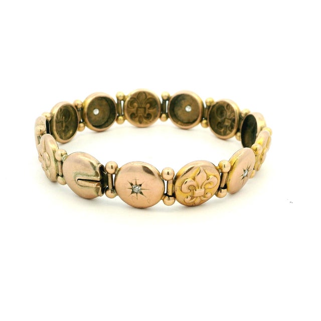 Metal Circa 1900 Victorian 14k Rose Gold Diamond Fleur-De-Lis Bracelet For Sale - Image 7 of 13