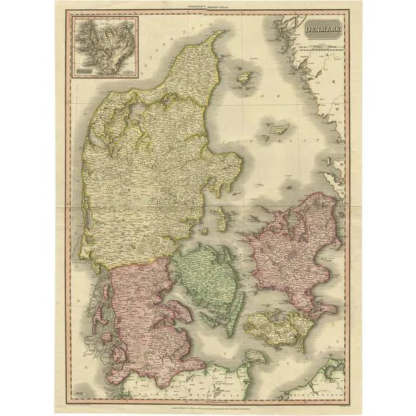 Antique Map attributed to Pinkerton Fine English Engraving, Denmark, 1814 For Sale