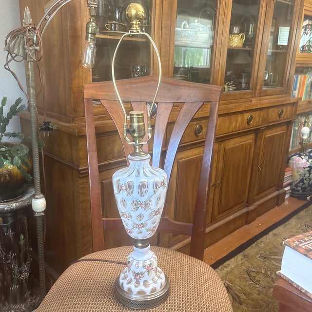 Beautiful French Opalescent White Coin Dot Lamp with Charelton Painted Roses and Green Trellises intertwined. It has a...