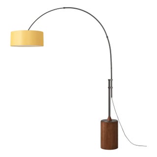Tambo 92" Arc Lamp, Mid-Century Modern, Mustard Linen Shade, Black Nickel, Walnut Base For Sale