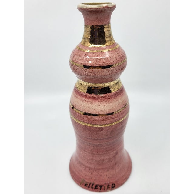 French Riviera Vase in Pink Ceramic Gilded with Fine Gold by Georges Pelletier, 1970 For Sale - Image 3 of 12