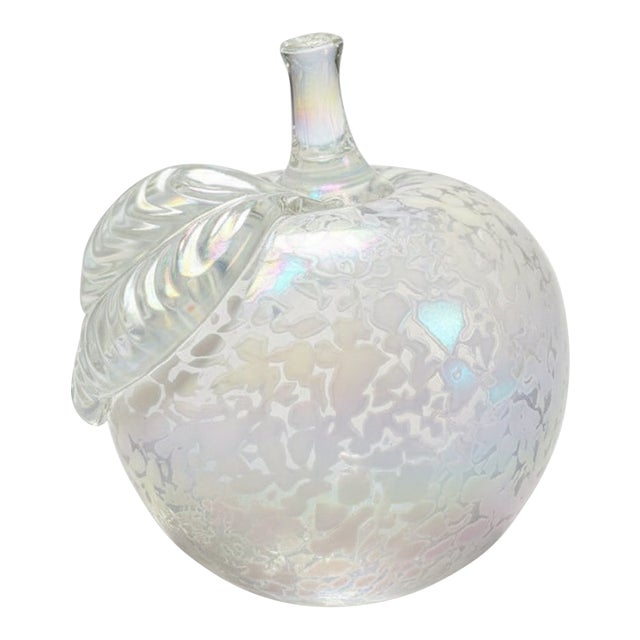 Iridescent Art Glass Apple Paperweight-White Spatter Glass-Hand Blown-Sculpture For Sale