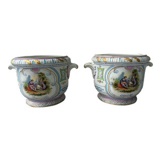 Hand Painted Bisque Cache Pots Set of 2 For Sale