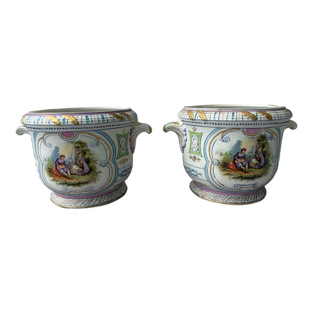Hand Painted Bisque CachePots Set of 2 For Sale