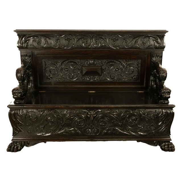 Wood Antique Italian Renaissance Revival Carved Walnut Hall Bench Chest Dolphins 1870 For Sale - Image 7 of 14