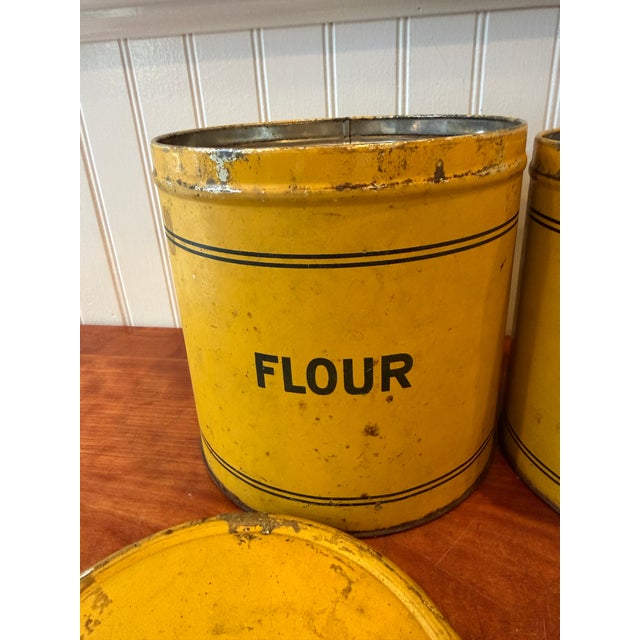 Mid-Century Modern Early 20th Century Bright Yellow Enamel Flour, Sugar, Coffee & Tea Kitchen Canisters – Set of 4 For Sale - Image 3 of 17