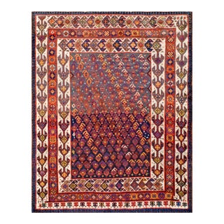 1900s Blue Navy Geometric Tribal Antique S. Persian Ghashgaie Rug 5'8" X 6'6" Handknotted Wool Carpet For Sale