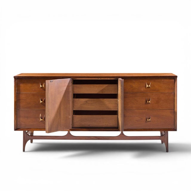 Brown Broyhill Brasilia Mid Century Walnut and Brass Lowboy 9 Drawer Dresser For Sale - Image 8 of 10