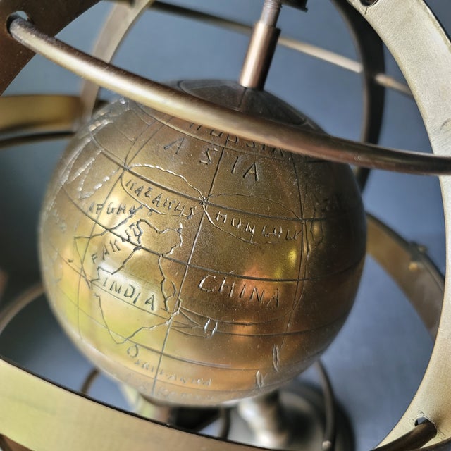 Metal Late 20th Century Brass Gold-Tone Metal Globe on Tall Stand For Sale - Image 7 of 7