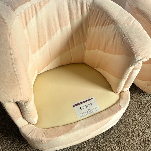 Textile Postmodern Wavy Pink Barrel Swivel Chairs by Carson’s - A Pair For Sale - Image 7 of 10