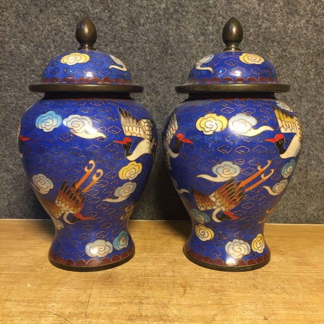 Metal Pair of Small Chinese Cloisonné Enamel Crane & Cloud Jars With Lids - 8" Tall For Sale - Image 7 of 9