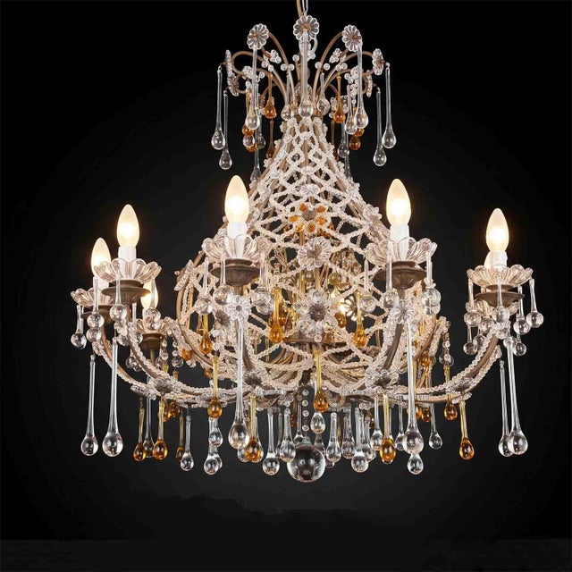 Italian Beaded Crystal 10-Light Chandelier with Amber Drops, 1950s For Sale - Image 9 of 16