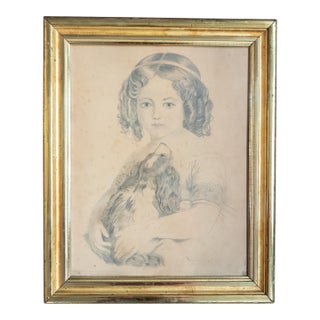 19th Century English or American Pencil Portrait Drawing of a Girl and Her Dog For Sale