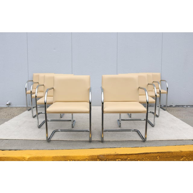 Fabulous set of eight Brno tubular style chairs in neutral sand-beige leather upholstery, by Gordon International. An icon...