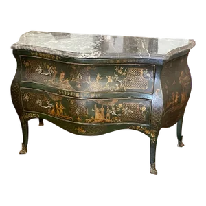 19th Century English Bombe Shaped Chinoiserie Marble Top Commode