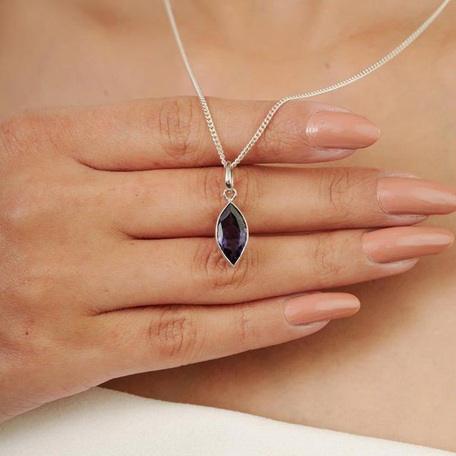 Metal Silver Contemporary Marquise Cut Dainty Iolite Drop Pendant for Her For Sale - Image 7 of 10
