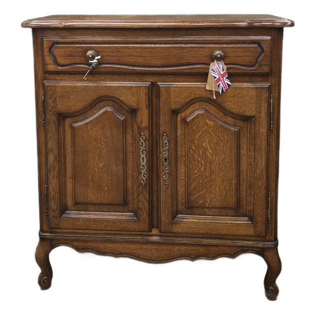 Vintage Oak French Style 2 Door Cabinet With Drawer For Sale