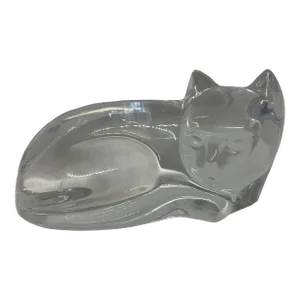 Late 20th Century Val St. Lambert Large Crystal Clear Curled Up Cat Figurine Signed De Sousa
