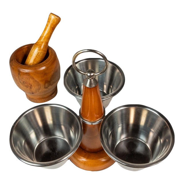 1960s Mid-Century Scandinavian Condiment Carousel in Oak & Stainless Steel by Stako W/ Complementary Mortar & Pestell - 6pcs For Sale