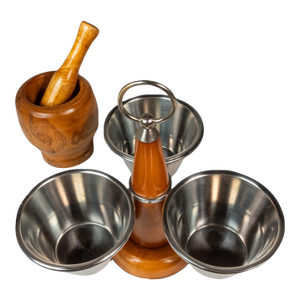 1960s Mid-Century Scandinavian Condiment Carousel in Oak & Stainless Steel by Stako W/ Complementary Mortar & Pestell - 6pcs