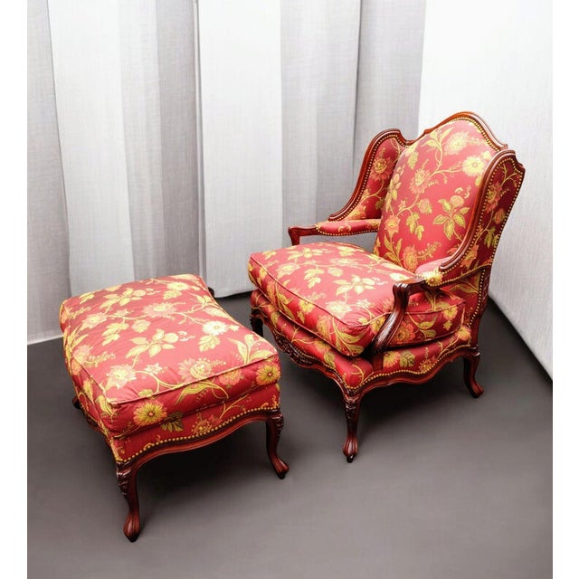 Experience the Peak of Traditional Elegance With This Custom French Country Bergère Chair and Ottoman by Taylor King. 1980s For Sale - Image 11 of 12