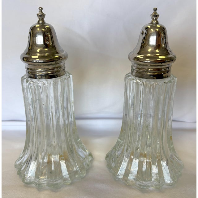 Vintage Large Fluted Glass With Silverplate Salt and Pepper Shakers Made in Hong Kong- A Pair For Sale - Image 10 of 12