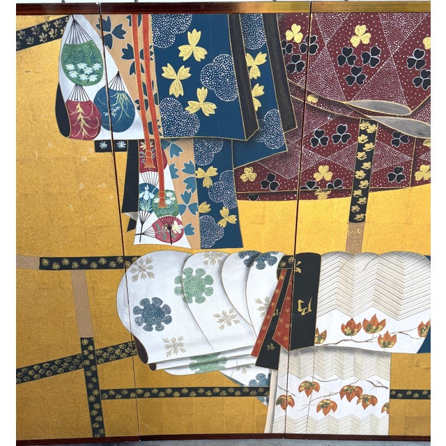 Japanese Six-Panel Byōbu/ Screen Depicting Kimonos and Obi Draped on an Ikō Rac For Sale - Image 10 of 18