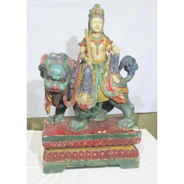 Antique Chinese Wooden Bodhisattva on Lion For Sale - Image 11 of 11