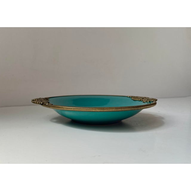 Art Deco Ceramic Dish in Turquoise Green Glaze & Brass from Christian Jensen, 1930s For Sale - Image 3 of 9