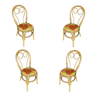 1950s Restored Rattan Dining Chairs With Scrolling Back, Set of 4 For Sale